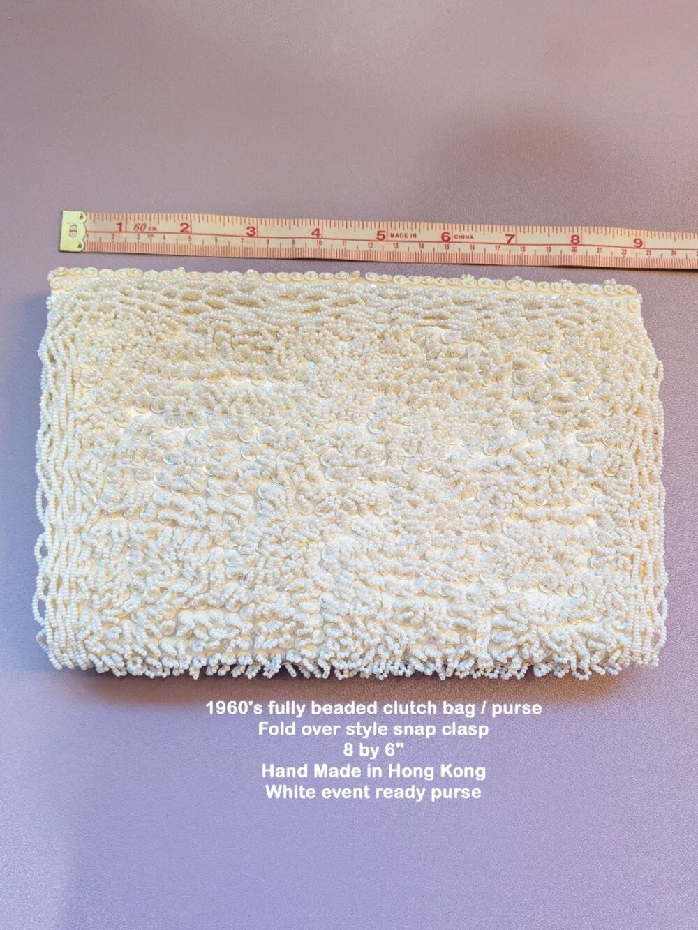1960s white beaded clutch bag, Fold over snap clasp, 8 by 6" Hand Made Hong Kong
